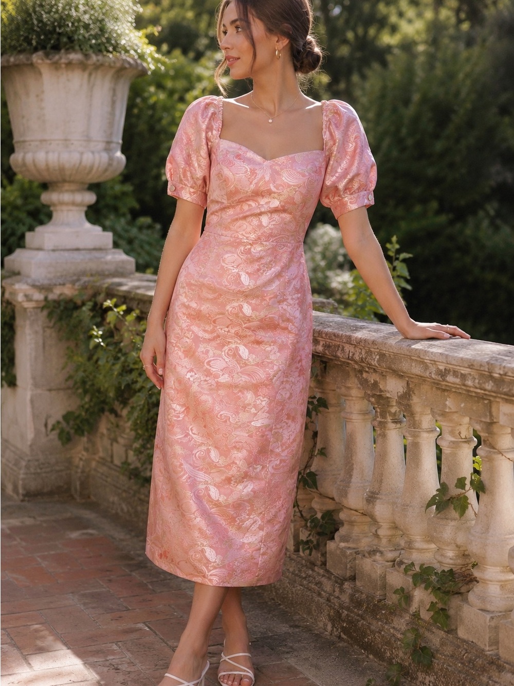 Fate Rose Jacquard Puff Sleeve Midi Dress NWT Size Large